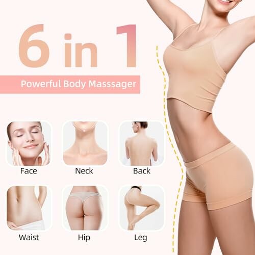 6 in 1 powerful body massager showing benefits for face, neck, back, waist, hip, and leg.