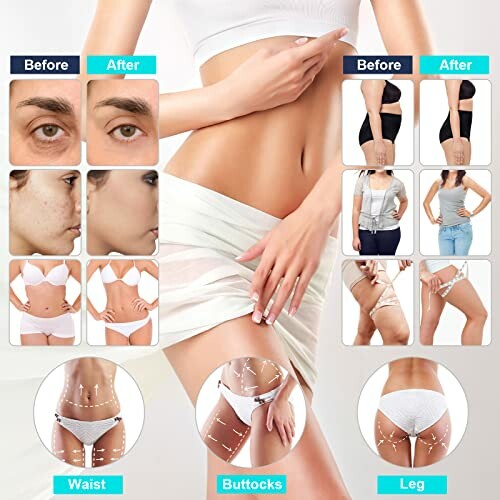 Before and after results showing waist, buttocks, and leg slimming along with facial and body transformations.