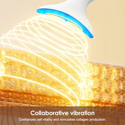 Device emitting light and vibration for cell vitality and collagen production.