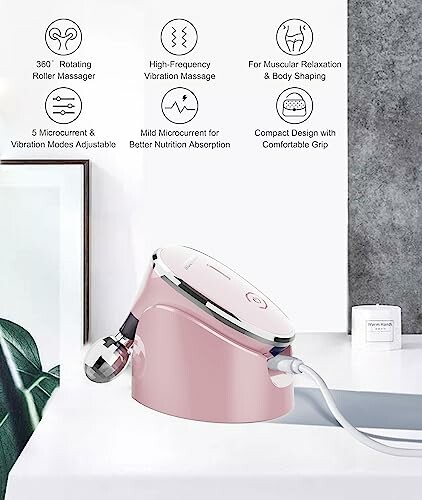 Electric body massager with multiple features including 360-degree rotation, high-frequency vibration, and microcurrent modes.
