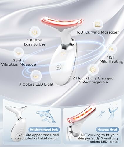 Infographic of a face massager with features including 160-degree curving, gentle vibration, LED light, and dolphin-shaped body.