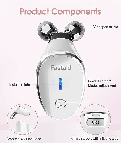Facial massager with V-shaped rollers, indicator light, power button for modes, device holder, and USB charging port.
