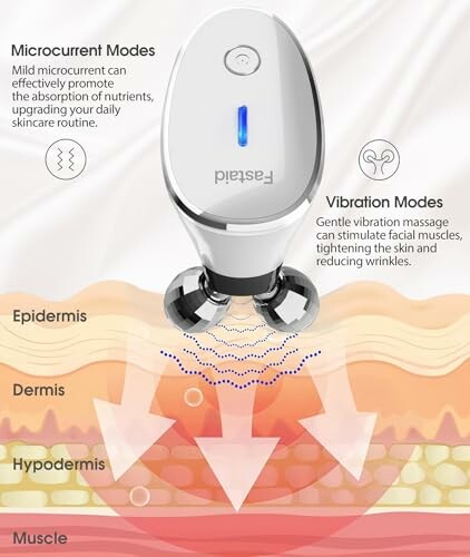 Facial massager with microcurrent and vibration modes illustration.