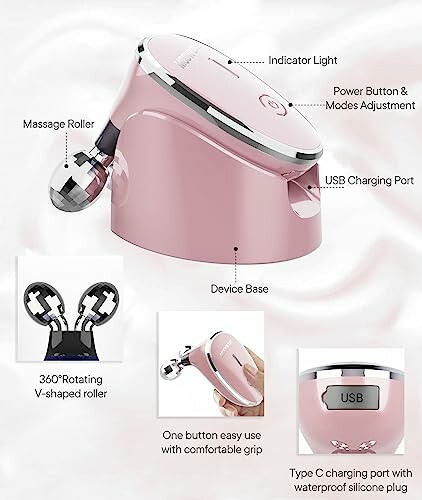 Pink facial massager with indicator light, power button, USB charging, and rotating massage roller.