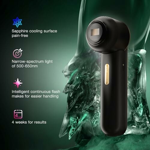 Handheld laser hair removal device with features highlighted.