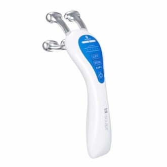 White and blue handheld massager with multiple metal nodes.