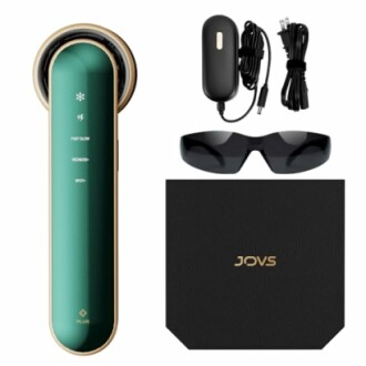 JOVS hair removal device with sunglasses, power adapter, and box.
