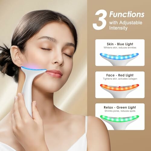 Woman using LED light therapy device with blue, red, and green light functions.