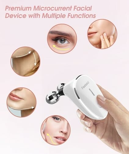 Hand holding premium microcurrent facial device with facial application illustrations.
