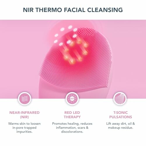NIR thermo facial cleansing device with features: near-infrared, red LED therapy, T-Sonic pulsations.