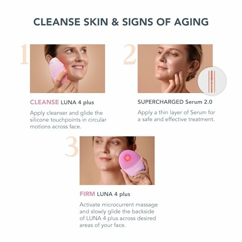 Three-step skin care routine with cleansing, serum application, and firming.