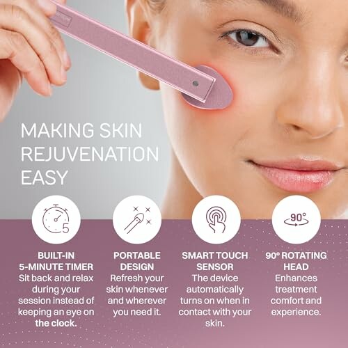 Woman using a skin rejuvenation tool with features listed: built-in timer, portable design, smart touch sensor, rotating head.