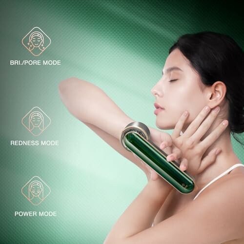 Woman using a skincare device with various mode options displayed.