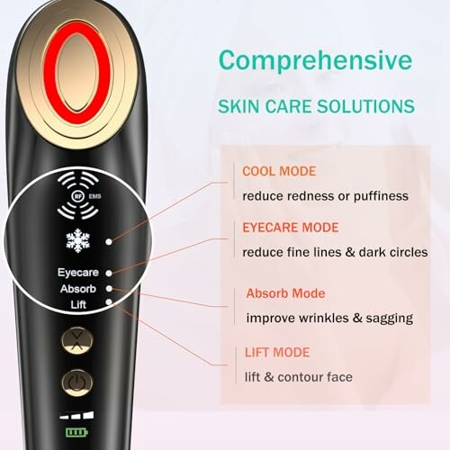 Skincare device with comprehensive care modes for cooling, eye care, absorption, and lifting.