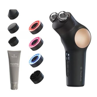 Therabody facial massager with attachments and conductive gel.