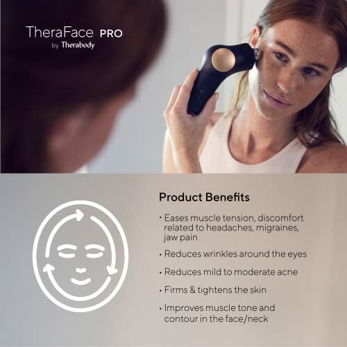 Woman using TheraFace Pro device with product benefits listed.